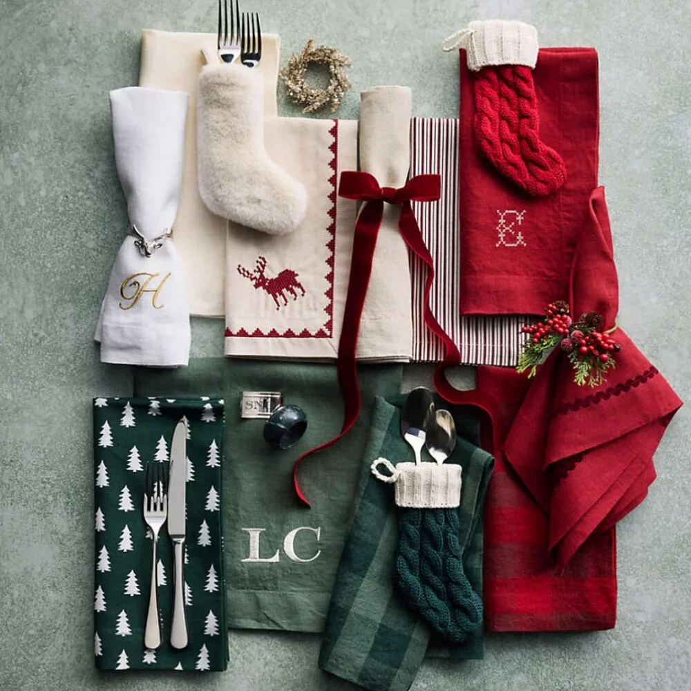 Crate & Barrel Red Cross Stitch Holiday Reindeer Dinner Napkins, Set of 4